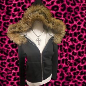 Faux Fur Trim Black Zip Hoodie